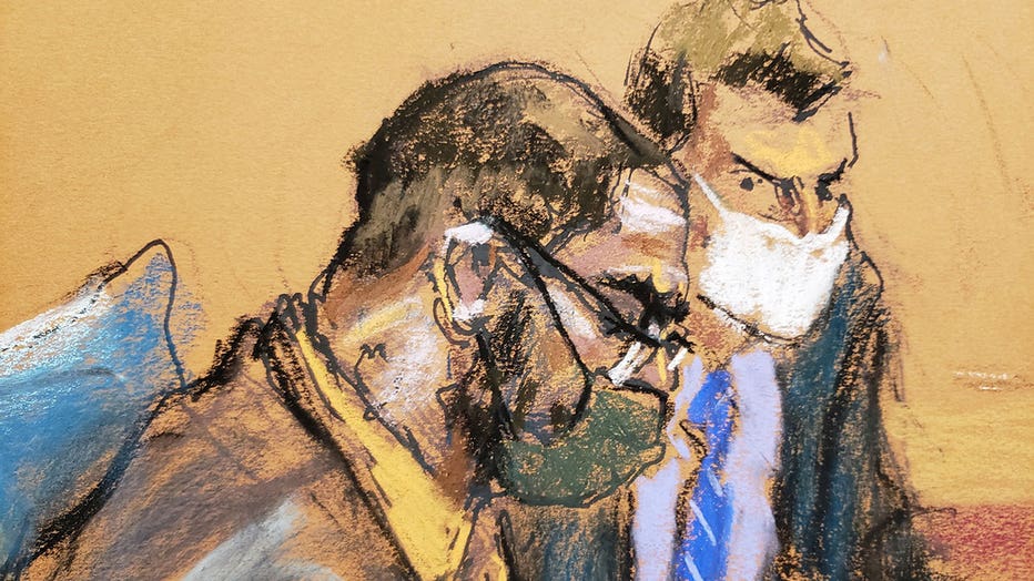 R. Kelly (left) and defense attorney Thomas Farinella are seen in a courtroom sketch from Monday, Aug. 23, 2021. (Sketch by Jane Rosenberg)