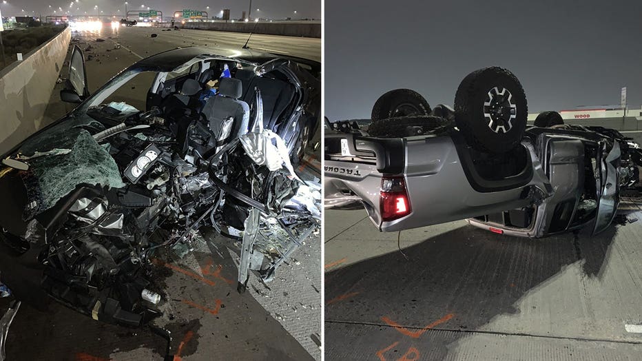 A Toyota Corolla, pictured left, was struck head-on by a Toyota pickup, pictured left, that was traveling south in the northbound lanes, authorities said. (Utah Highway Patrol)