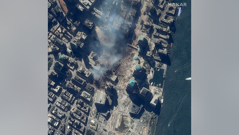 The destruction at ground zero can be seen in this IKONOS image from Sept. 15, 2001. Credit: Maxar Technologies via Storyful