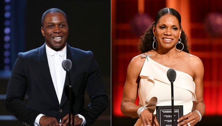 Leslie Odom Jr. presents an award at the 72nd annual Tony Awards in New York on June 10, 2018, left, and Audra McDonald presents an award at the 73rd annual Tony Awards in New York on June 9, 2019.