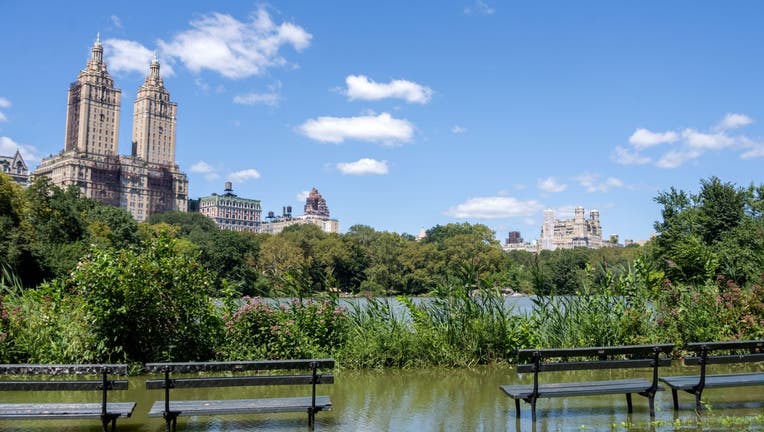 A seating area is flooded near Bow Bridge in Central Park after a night of extremely heavy rain caused by Hurricane Ida on September 2, 2021, in New York City. 