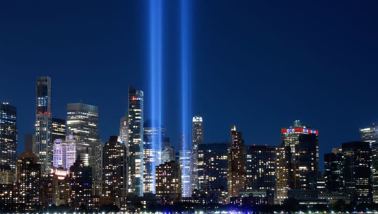 The annual Tribute in Light that will mark the 20th anniversary of the attacks on the World Trade Center is tested in New York City on September 3, 2021 as seen from Jersey City, New Jersey. 