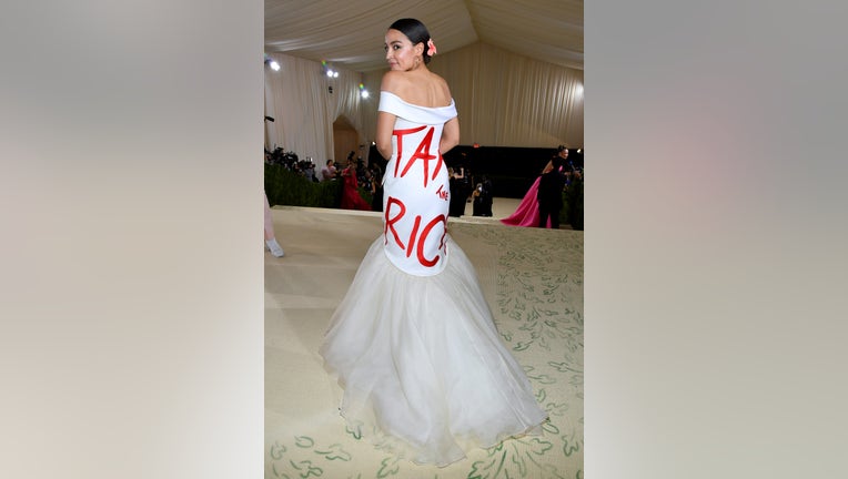 Alexandria Ocasio-Cortez attends The 2021 Met Gala Celebrating In America: A Lexicon Of Fashion at Metropolitan Museum of Art on September 13, 2021 in New York City. (Photo by Kevin Mazur/MG21/Getty Images For The Met Museum/Vogue)