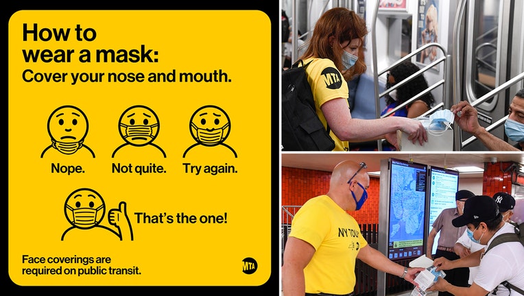 MTA workers wearing white masks and yellow shirts hand out masks to riders