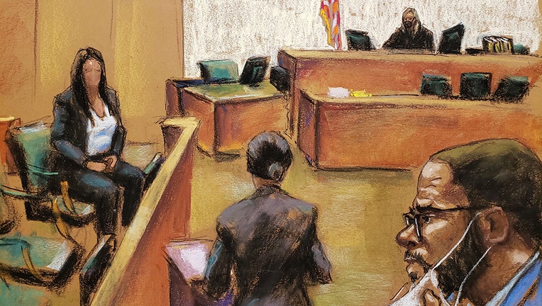 This courtroom sketch shows Assistant U.S. Attorney Maria Cruz Melendez (center) questioning a witness (seated, left) as R. Kelly (right) watches