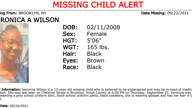 Veronica Wilson, 13, of Brooklyn was reported missing. She could be in imminent danger, said the NYPD.