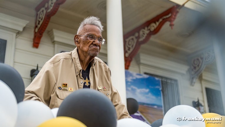 Lawrence Brooks, America's oldest living World War II veteran, celebrates his 112th birthday outside of his home on Sept. 12, 2021. Photo courtesy of The National WWII Museum/Frank L. Aymami III.