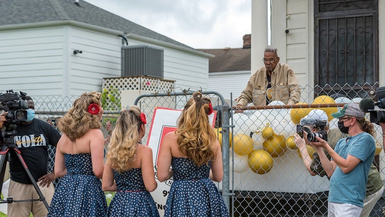 Lawrence Brooks, America's oldest living World War II veteran, celebrates his 112th birthday outside of his home on Sept. 12, 2021. Photo courtesy of The National WWII Museum/Frank L. Aymani III.