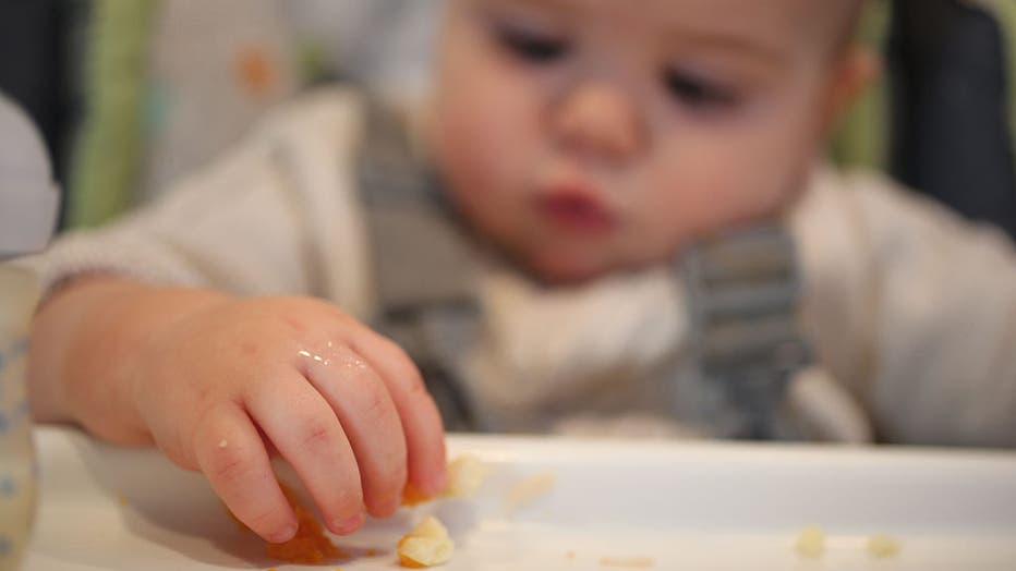 A nine month old baby girl at meal time.