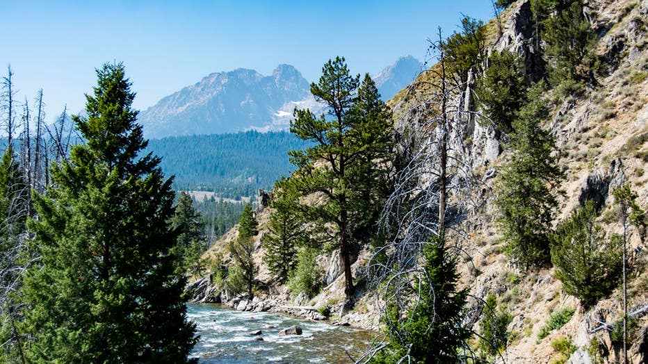 Scenic view of Salmon River and Sawtooth Mountains near Stanley Idaho