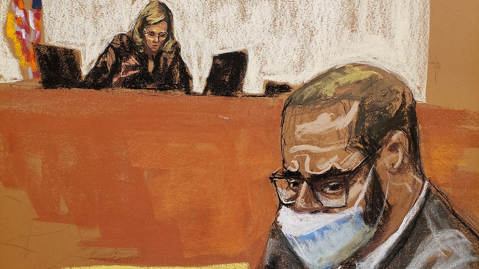 sketch showing r. kelly in glasses and mask with judge behind bench