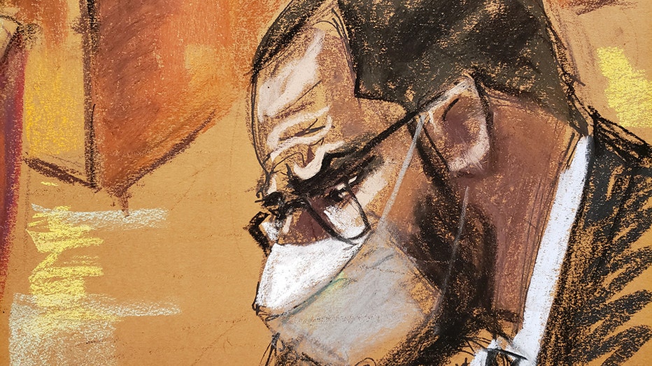 courtroom sketch depicts R. Kelly, wearing a mask and glasses