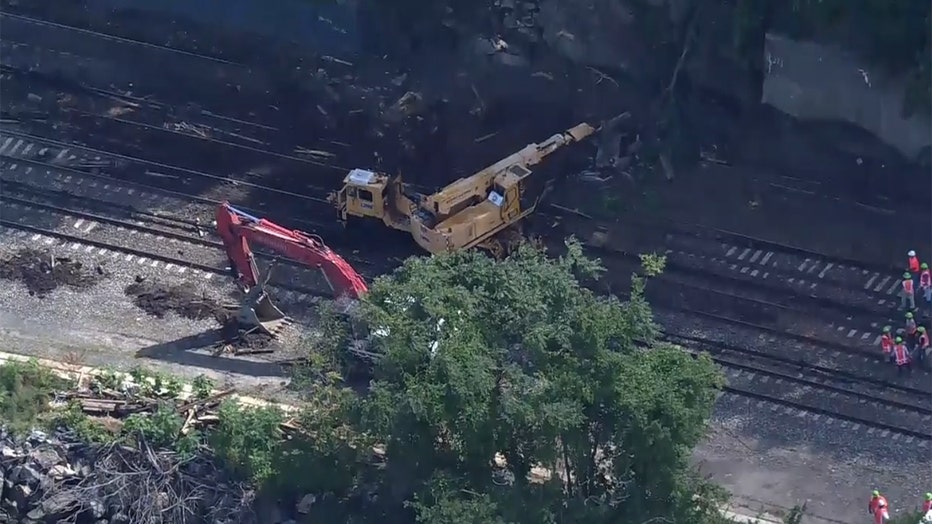 Aerial view of workers and machinery on railroad tracks, which are partly covered by dirt and debris