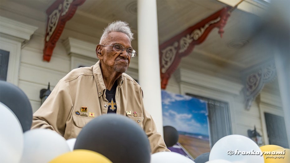 Lawrence Brooks, America's oldest living World War II veteran, celebrates his 112th birthday outside of his home on Sept. 12, 2021. Photo courtesy of The National WWII Museum/Frank L. Aymani III.