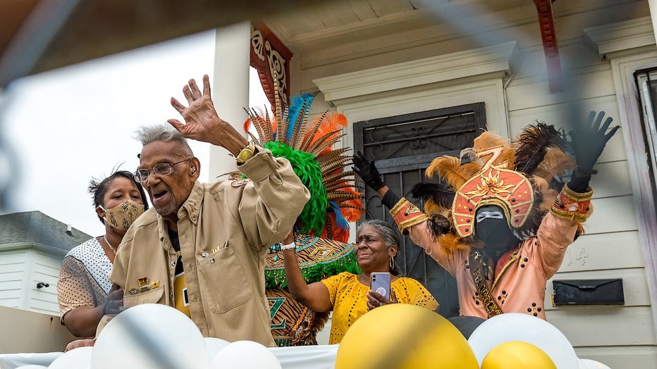 Lawrence Brooks, America's oldest living World War II veteran, celebrates his 112th birthday outside of his home on Sept. 12, 2021. Photo courtesy of The National WWII Museum/Frank L. Aymani III.