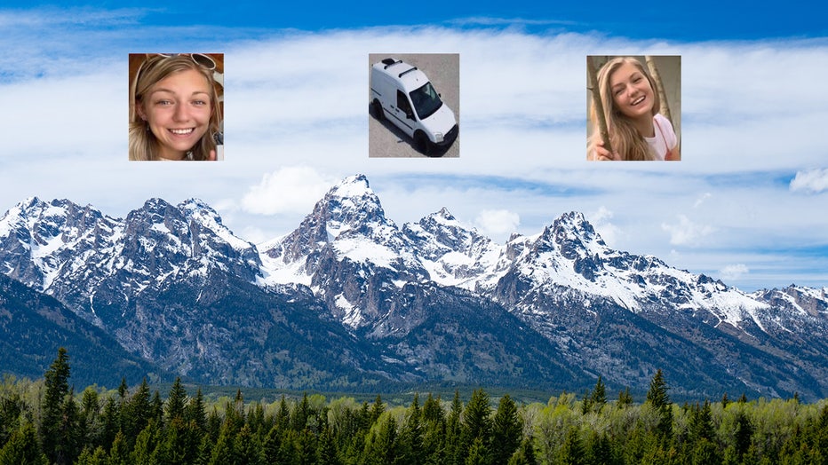 Pictures of Gabrielle Petito and her van are shown over a view of the Grand Tetons.(Photo by AaronP/Bauer-Griffin/GC Images)