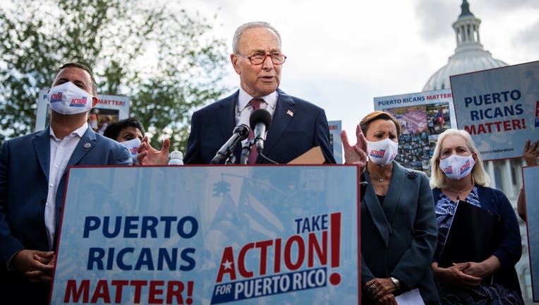 Senate Majority Leader Charles Schumer, D-N.Y., conducts a news conference outside the U.S. Capitol titled Take Action for Puerto Rico, on the 4th anniversary of Hurricane Maria