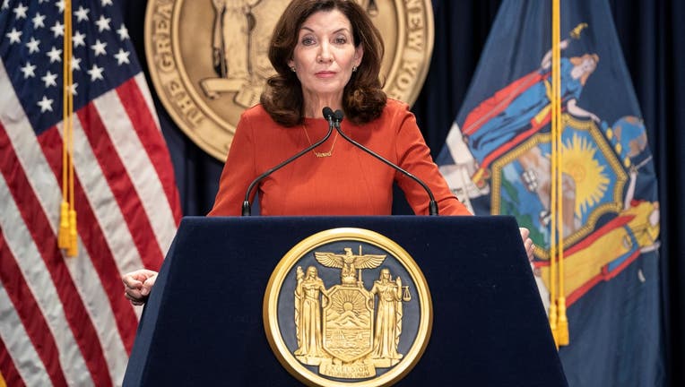 New York State Governor Kathy Hochul holds a COVID-19 briefing at governor's office in Manhattan