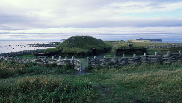 Canada, Newfoundland, L'anse Aux Meadows Nhp, Replicas Of Norse Sod Houses From 1000 Years Ago, Fence.