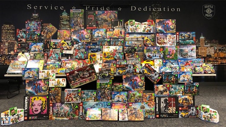 Lego sets that Seattle Police say were uncovered from a months long investigation are displayed. (Seattle PD)