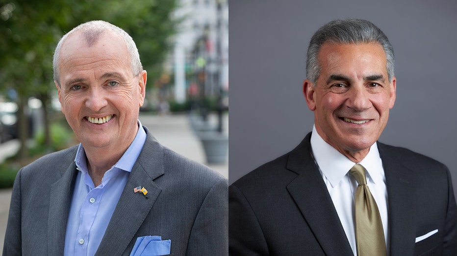 Two headshots of candidates for governor; left photo shows Phil Murphy wearing a gray sport coat and light blue shirt and pocket square; right photo shows Jack Cittarelli wearing a dark suit jacket, white shirt, and gold tie 