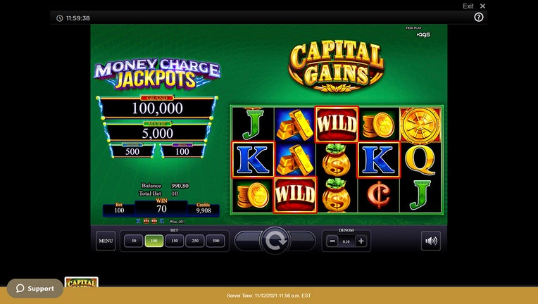This Nov. 12, 2021 photo shows a screen shot of a demonstration version of the Capital Gains online slot game. (AP Photo/Wayne Parry)