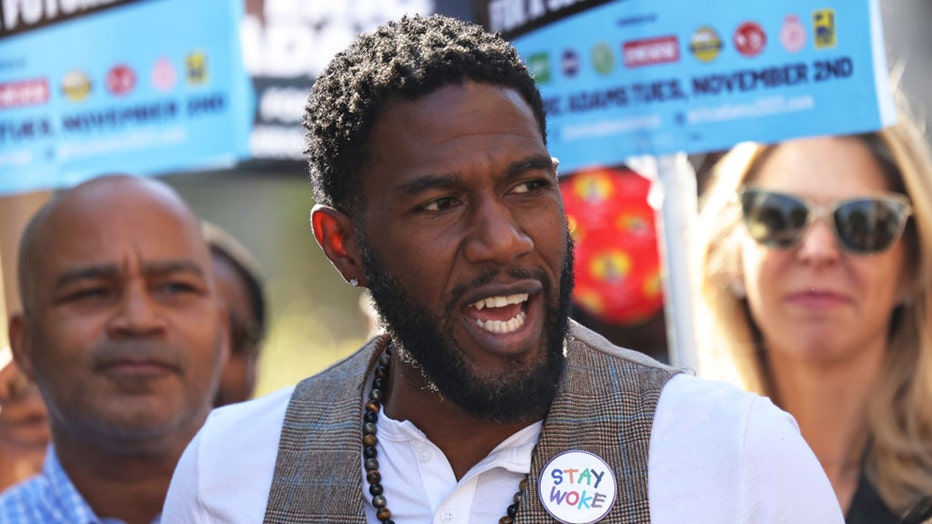 NEW YORK, NEW YORK - OCTOBER 22: New York City Public Advocate Jumaane Williams speaks during a Get Out the Vote (GOTV) rally in front of Brooklyn Borough Hall on October 22, 2021 in Downtown Brooklyn in New York City. 