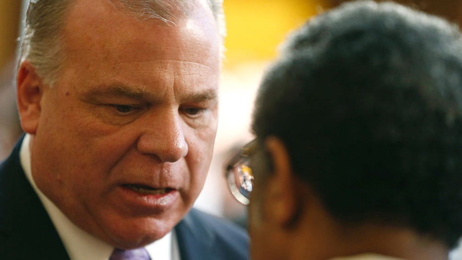 TRENTON, NJ - FEBRUARY 24: New Jersey Senate President Steve Sweeney speaks to a colleague prior to New Jersey Gov. Chris Christie delivering his budget address for fiscal year 2016 to the Legislature, February 24, 2015 at the Statehouse in Trenton, New Jersey.