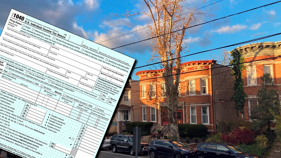 A tax form and a row of houses