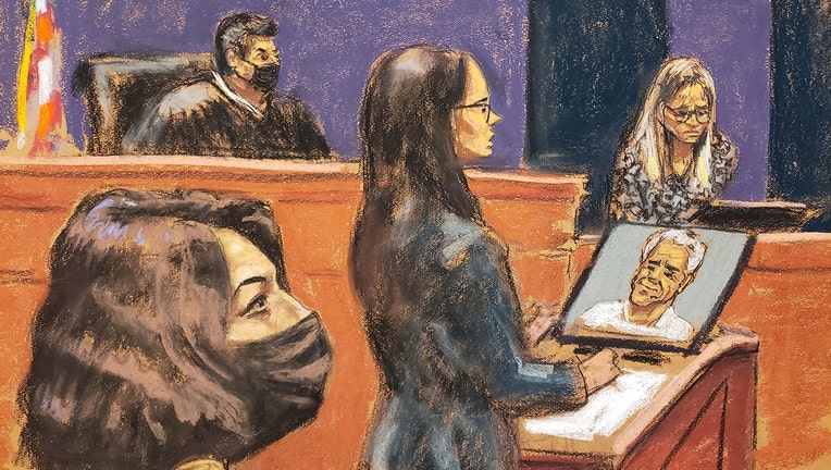 This courtroom sketch shows defendant Ghislaine Maxwell, bottom left, watching as Assistant U.S. Lara Pomerantz, center, questions witness Annie Farmer, right. Pomerantz has a photo of the late Jeffrey Epstein. Judge Alison Nathan, on the bench, presides in federal court
