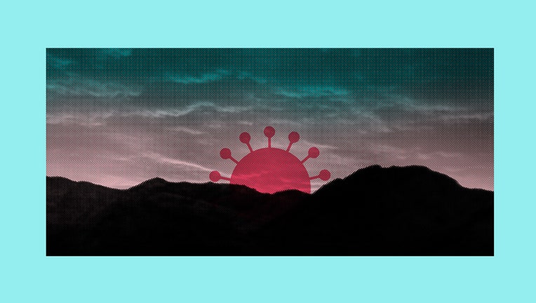 Illustration portraying a molecule of the coronavirus as the sun behind a mountain range