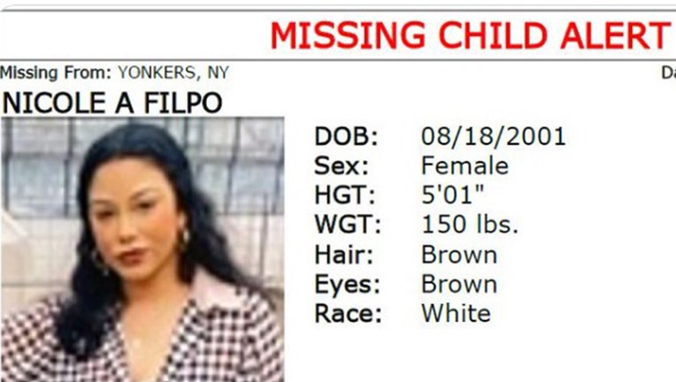 A missing child alert was issued early Tuesday for Nicole A. Filpo, a 20-year-old female from Yonkers.