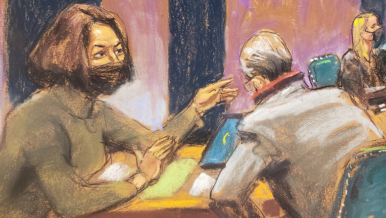 Sketch showing Ghislaine Maxwell wearing a mask and a gray outfit with a lawyer at the defense table in federal court