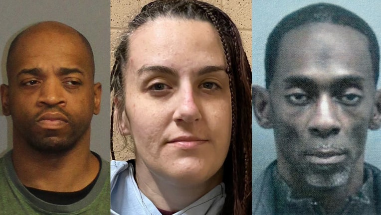 James Hill, (left) Brandy Quadrato, (center) and Nasif Amir Muhammad (right) are seen in booking photos released by Connecticut State Police.