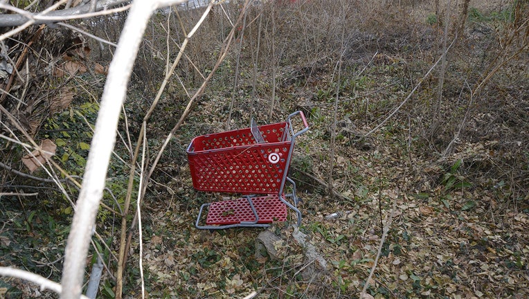 The shopping cart pictured above was located in an isolated wooded area near where human remains were found on Wednesday in the Alexandria section of Fairfax County, Virginia.(Fairfax Police)