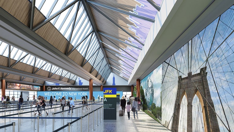 This rendering shows an interior view of the New Terminal One's customs hall. (Credit: PANYNJ)