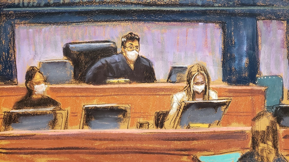 DEC. 29, 2021- Judge Alison Nathan presiding over the sex trafficking trial of British socialite Ghislaine Maxwell. Lower Manhattan. (Sketch by Jane Rosenberg)