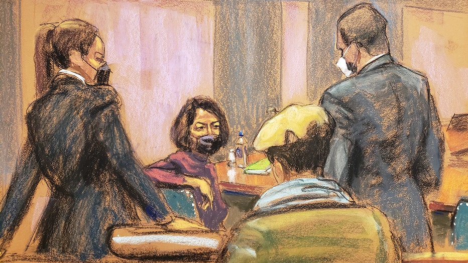 DEC. 29, 2021 - US marshals block Ghislaine Maxwell from talking with her sister, Isabel Maxwell. (Sketch by Jane Rosenberg)