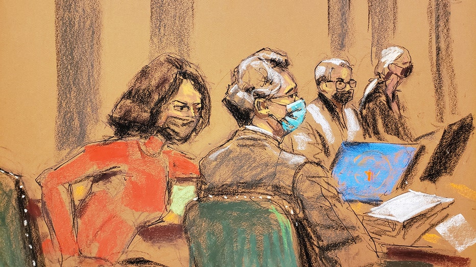 Court sketch showing Ghislaine Maxwell wearing a mask and a red outfit with her attorney