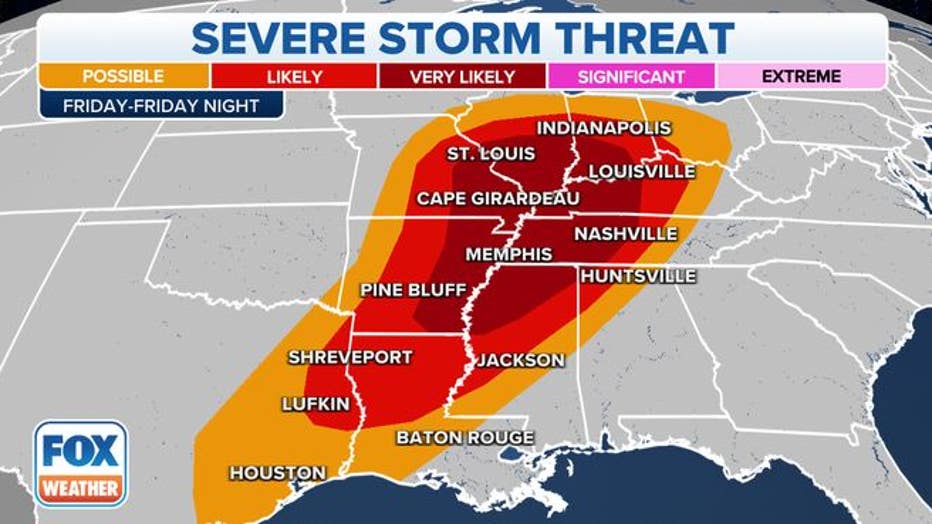 Severe thunderstorm threat Friday night into early Saturday morning.