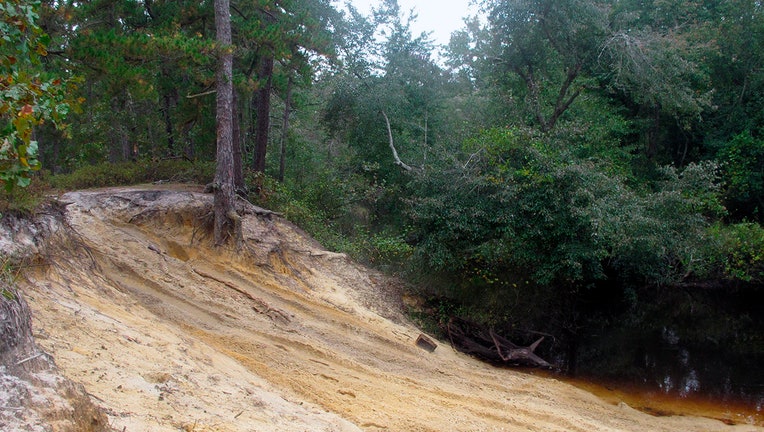 Tire tracks in a tan-colored dirt path along a body of water and trees