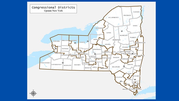 Map of New York showing proposed boundaries of congressional districts