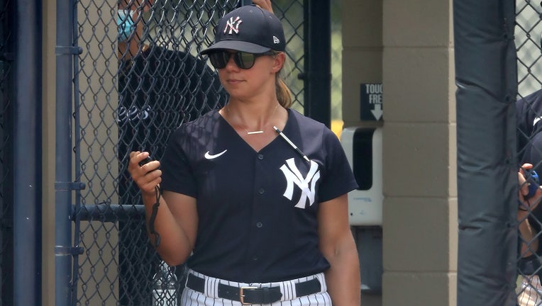 Rachel Balkovec monitors the action on the field during the Florida Complex League (FCL) game between the FCL Blue Jays and the FCL Yankees on June 29, 2021 at the Yankees Minor League Complex, FL.