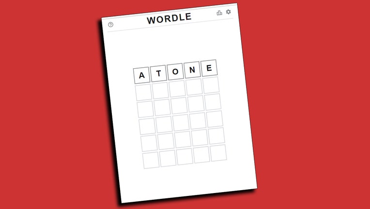Screenshot of the Wordle game page with ATONE on the first line; background of image is red
