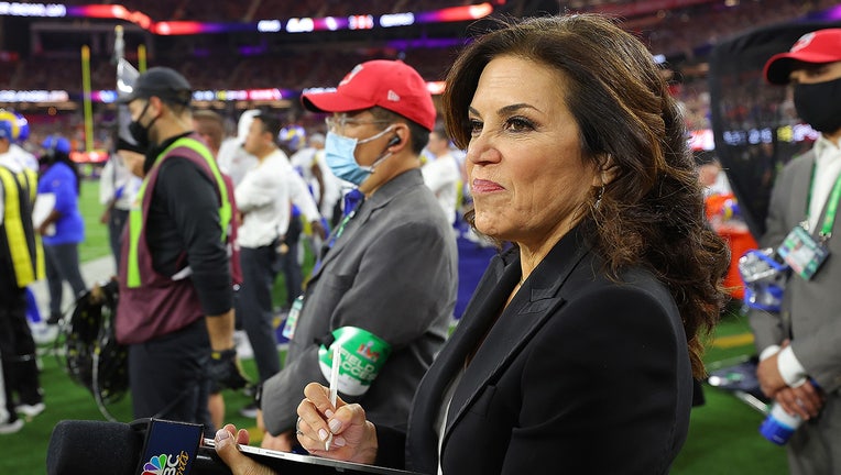 Michele Tafoya looks on during Super Bowl LVI between the Los Angeles Rams and the Cincinnati Bengals at SoFi Stadium on February 13, 2022 in Inglewood, California. (Photo by Kevin C. Cox/Getty Images)