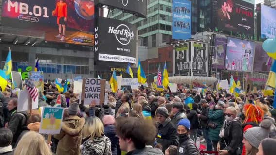 Russian invasion: Protesters fill Times Square, demand Ukraine no-fly zone