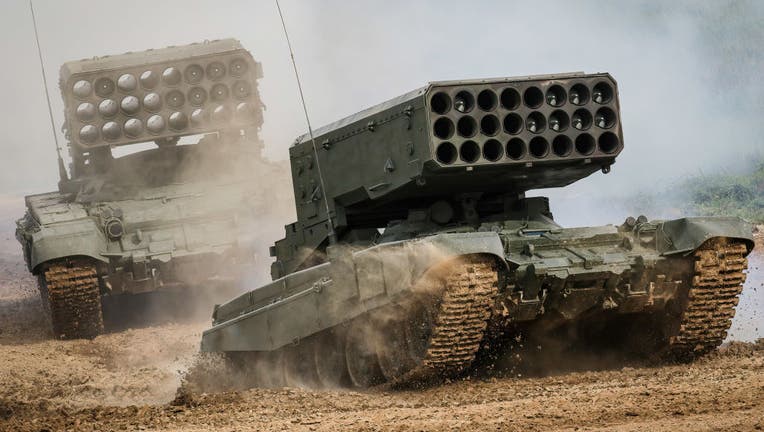 FILE IMAGE - Russian Army TOS-1A "Solntsepyok (Blazing Sun)" multiple rocket launcher and thermobaric weapon mounted on a T-72 tank. (Photo by Leonid Faerberg/SOPA Images/LightRocket via Getty Images)