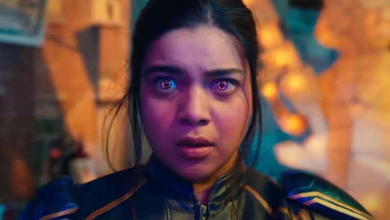 screenshot from the trailer for Ms. Marvel showing the character Kamala Khan with glowing eyes