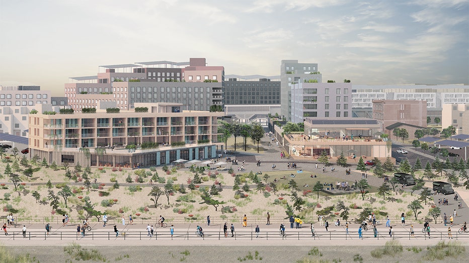 Rendering showing mixed-use buildings along a beach and boardwalk