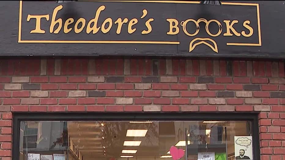 Awning over store reads "Theodore's Books"